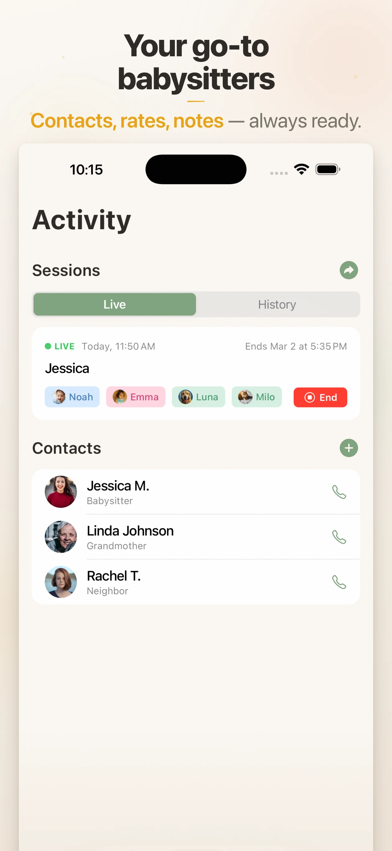 Activity tab with live session card and babysitter contacts list