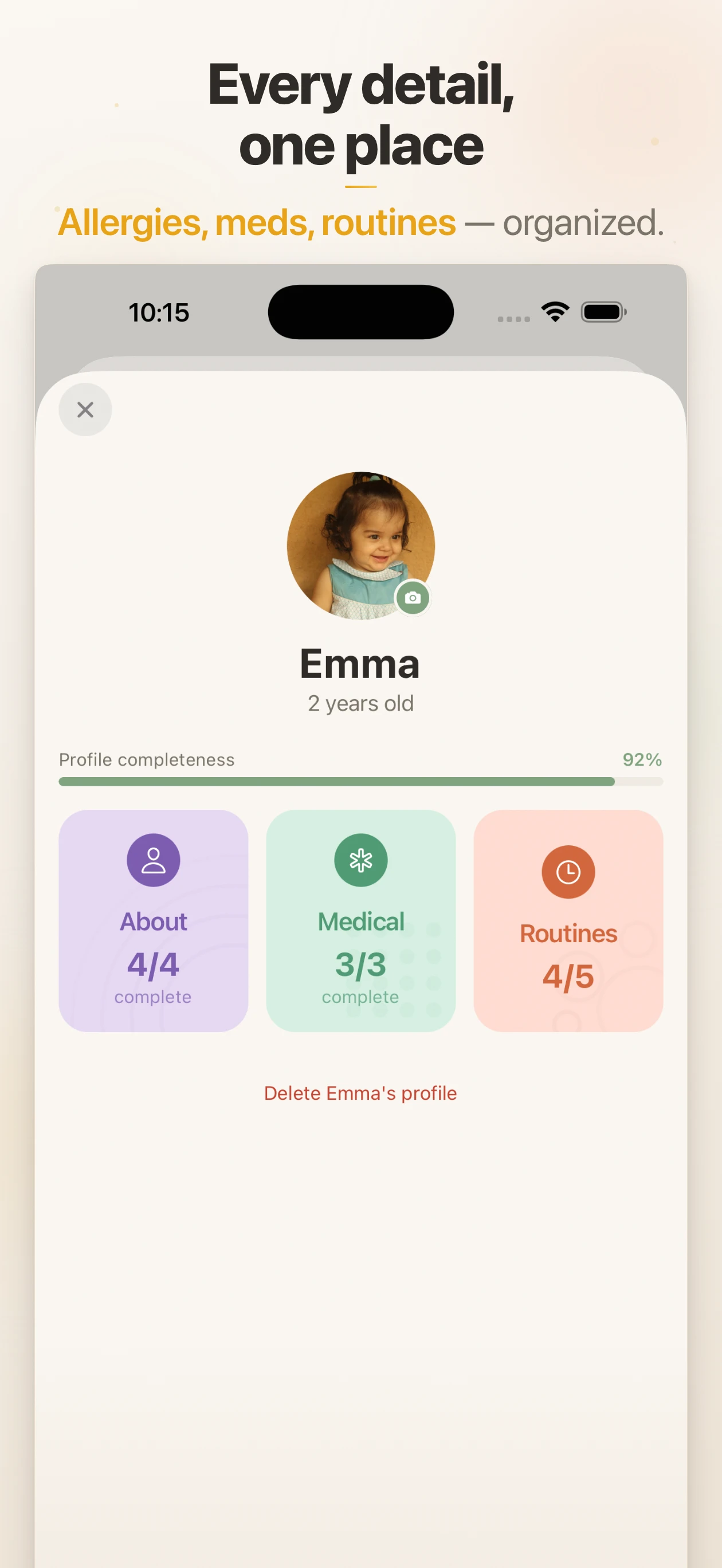 Child profile showing photo, progress bar, and care details
