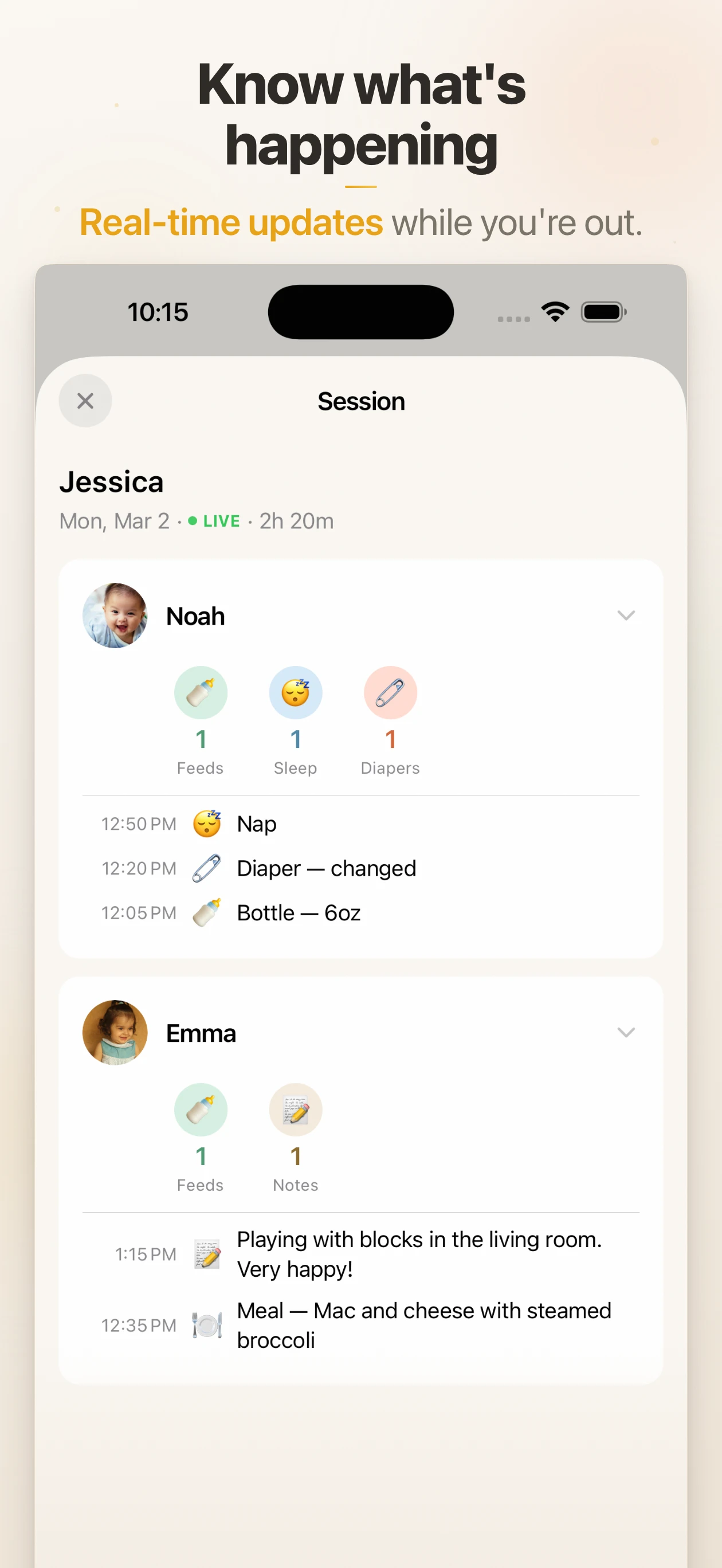 Live session view with activity entries and timestamps