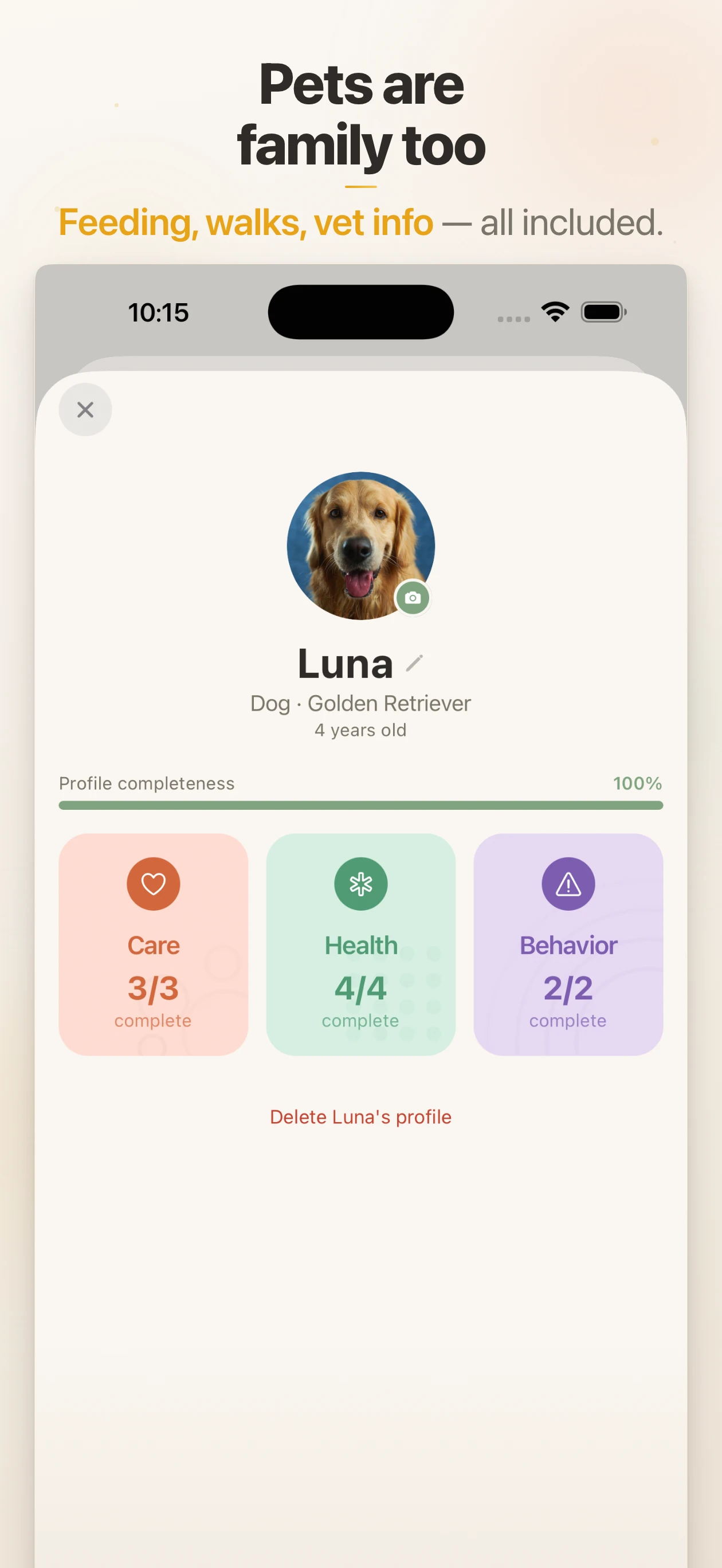 Pet profile showing care details, health info, and behavior notes