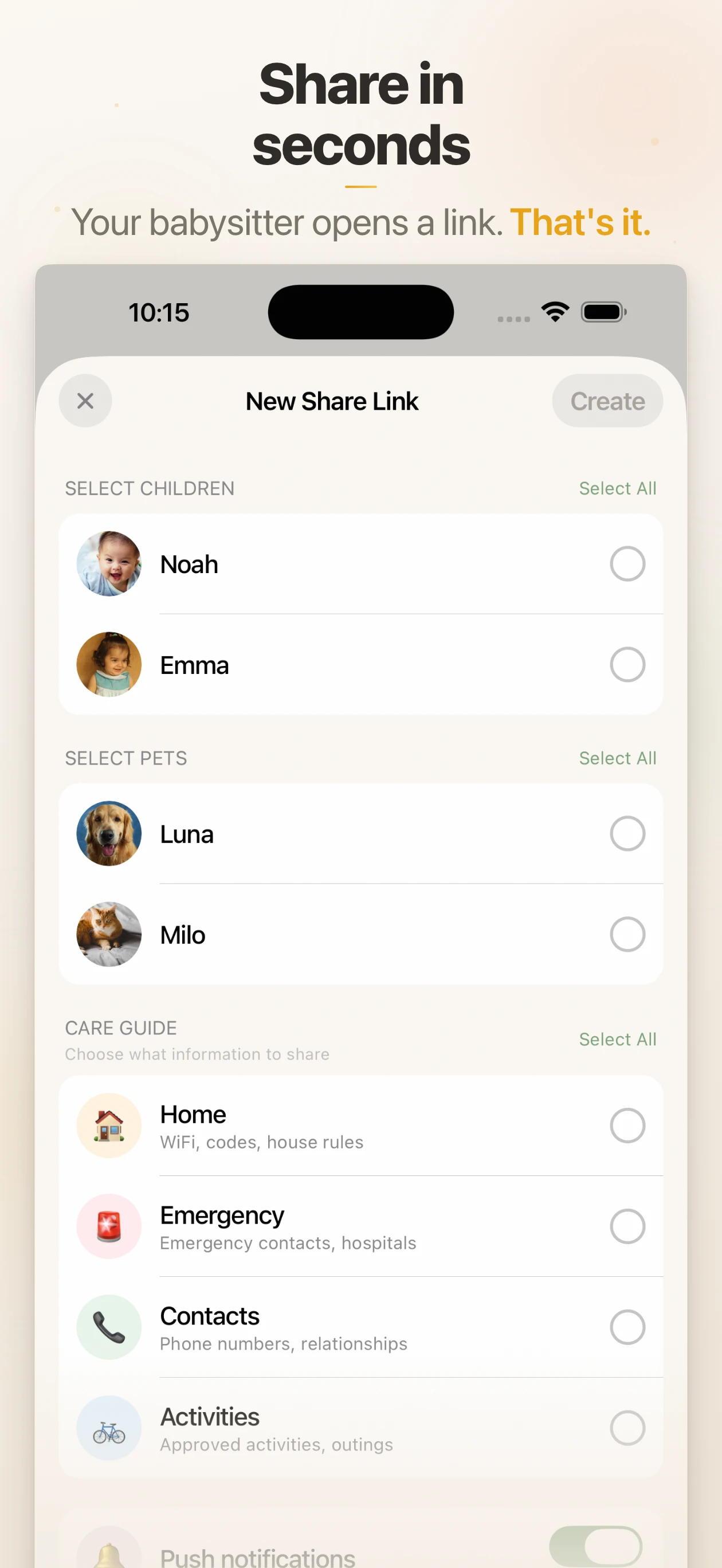 Share link creation screen showing child and pet selection